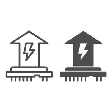 CPU power consumption line and solid icon. Microchip and up arrow with energy Illustrazione stock