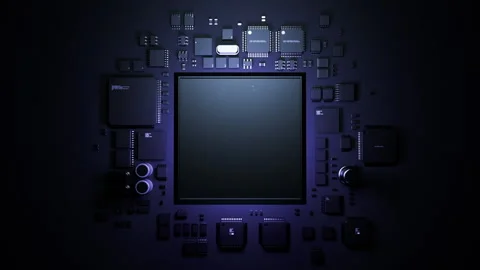 CPU on a printed circuit board with a contoured backlight. microelectronics t Stock Footage 228606859