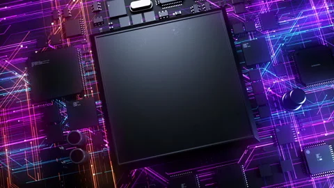 CPU on printed circuit board effect multicolor computing traffic. microelectr Vídeo Stock 228606698