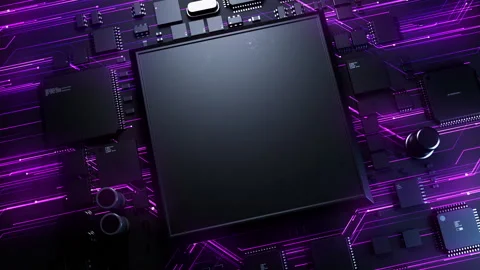 CPU on a printed circuit board by the effect of computing traffic. microelect Stock Footage 228606759