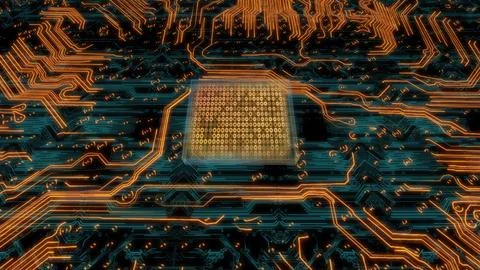 Cpu processing data on motherboard with glowing circuits 스톡 사진