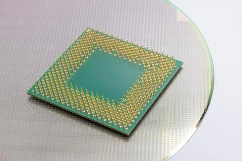 CPU processor chip on Silicon Wafer Chips Production Technology Modern Busi.. Stock Photos
