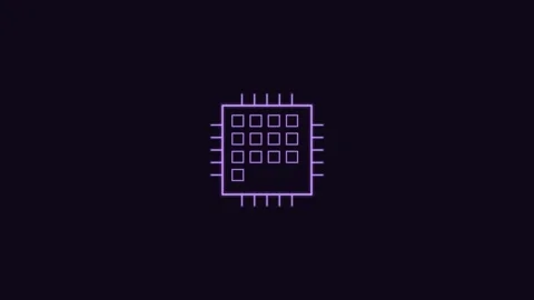 CPU processor core line icon with grid and pins, violet neon style 库存影片 342598788