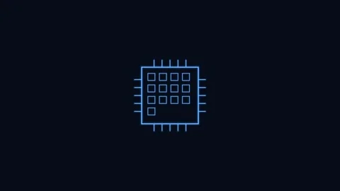 CPU processor core line icon with grid and pins, blue neon style Video stock 342598826