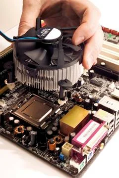 Cpu processor fan, cooling chip on a motherboard, mainboard Foto stock