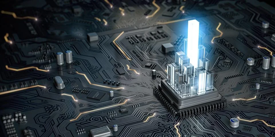 CPU processor with graph from crystales on the circuit board motherboard. Com 写真素材