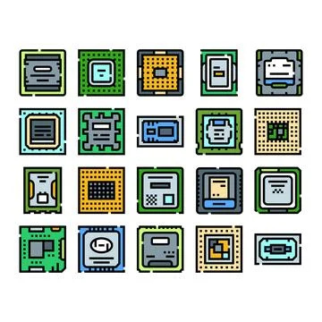 Cpu processor microprocessor computer chip technology icon set Illustrazione stock
