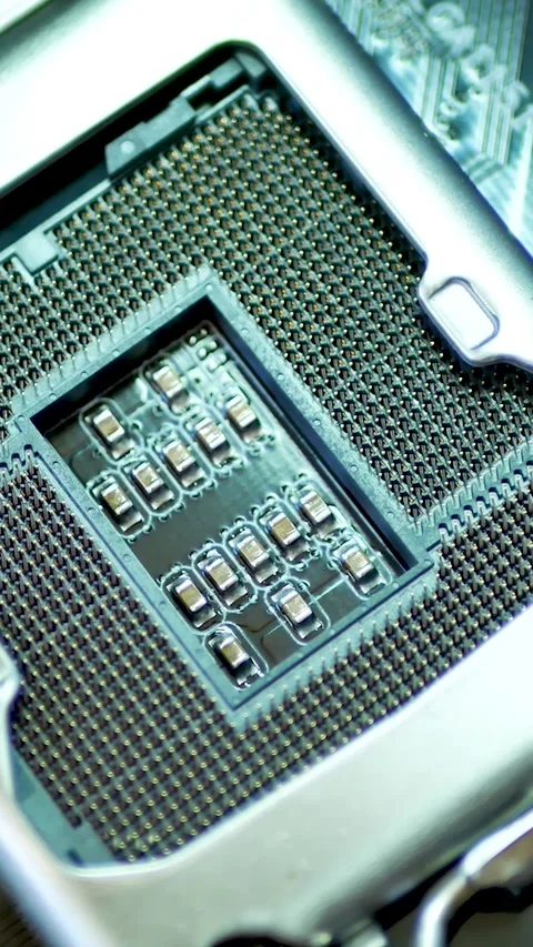 CPU processor socket on brown motherboard circuit board Stock Footage 316560178