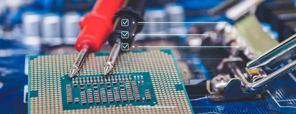 CPU Processor Testing and Electronic Diagnostics with Multimeter Probes and.. Stock Photos