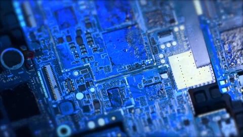 CPU, processor, transistors in blue neon colors tracking shot. Close up. Stock Footage 270455780
