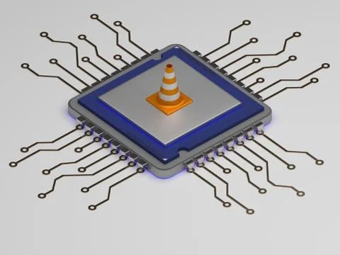 Cpu on repair, builder cone on icon. 3d render Stock Illustration