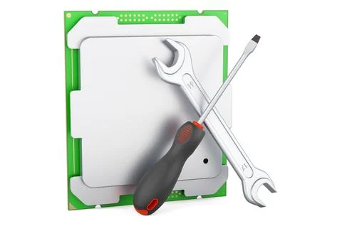 CPU with screwdriver and wrench, 3D rendering 스톡 일러스트