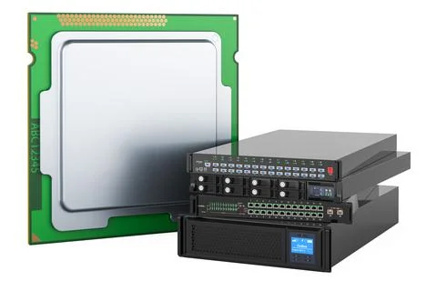 CPU with server equipment, 3D rendering Stock Illustration
