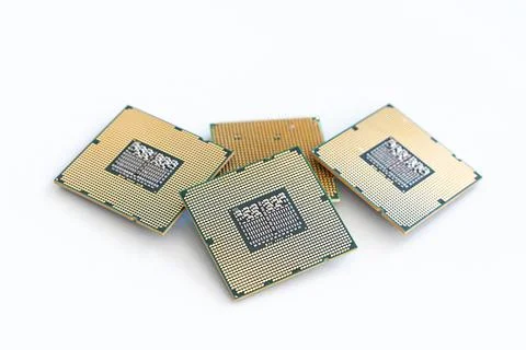 Cpu set on white isolated background, stack of microchips Stock Photos