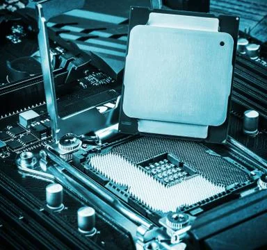 CPU socket and processor on the motherboard 스톡 사진