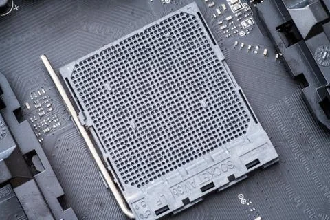 CPU socket and processor on the motherboard. Focus on the motherboard. Toned  Foto stock