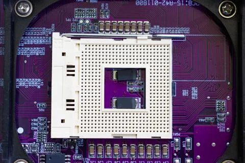CPU socket of computer mainboard, the processing unit of microcomputer 스톡 사진