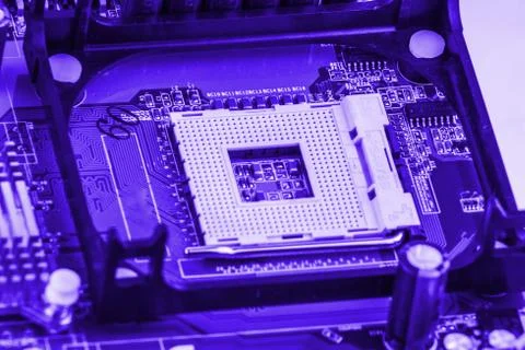 CPU socket on a computer motherboard macro close Stock Photos