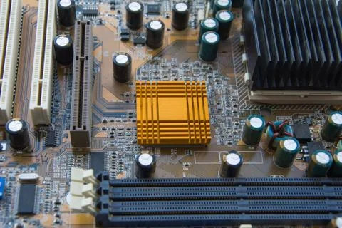 CPU socket on motherboard computer with installed a processor and radiator co Stock Photos