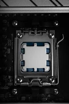 CPU socket mounted on a computer motherboard Stock Photos
