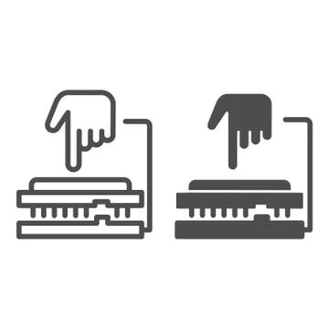 CPU soket line and solid icon. Processor integrating to board with hand pointer Stock Illustration