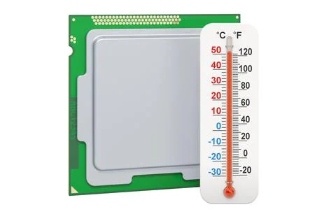 CPU with thermometer. Computer processor unit overheating concept, 3D renderi Illustrazione stock