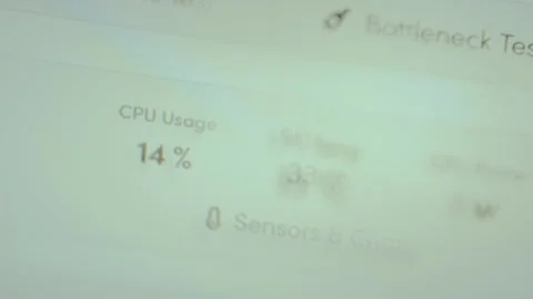 CPU Usage, CPU Temperature and CPU Power readings displayed on a computer screen Stock Footage 327913378