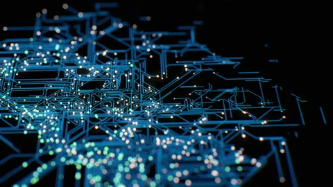 CPUs and other processors shoot bright blue electrons around a circuit board as Stock Footage 152261758