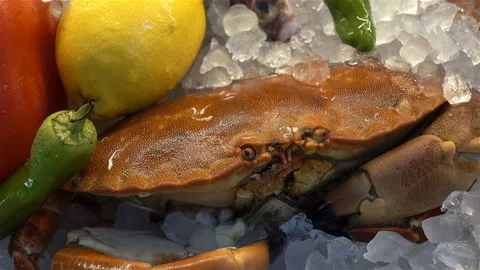 Crab and raw vegetables on ice Stock Footage 138988751
