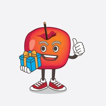 Crab Apple cartoon mascot character with gift Stock Illustration
