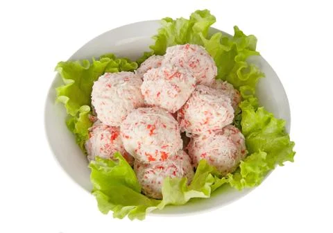 Crab balls with salad leaf Stock Photos