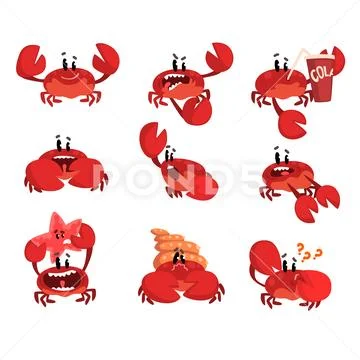 Crab character with different emotions, cute sea creature with funny face vector Stock Illustration