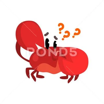 Crab character thinking with question marks, cute sea creature with funny face Stock Illustration