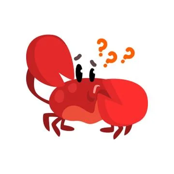 Crab character thinking with question marks, cute sea creature with funny face Stock Illustration