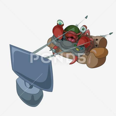 Crab gamer plays an action shooter Stock Illustration