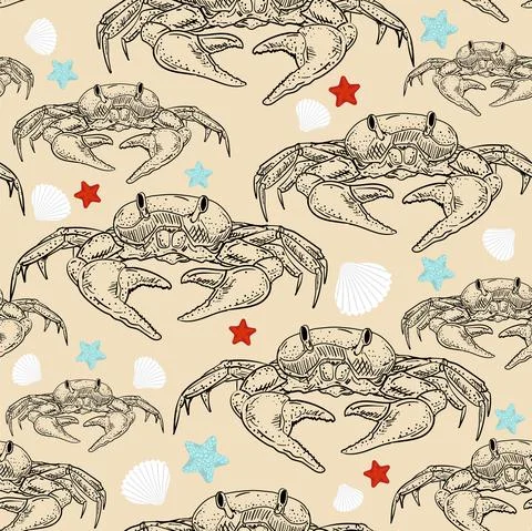 Crab pattern seamless hand drawing sketch. linear sea cancer background. Baby Illustrazione stock