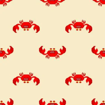 Crab pixel art pattern seamless. 8 bit sea cancer red background. pixelated V Stock Illustration