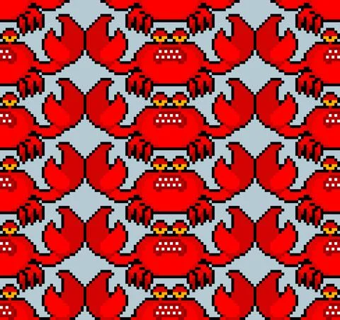 Crab pixel art pattern seamless. 8 bit sea cancer red background. pixelated V Stock Illustration