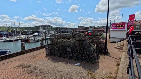 Crab pots and fish traps on the quayside Stock-Footage 313442758