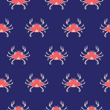 Crab seamless pattern blue and pink. Cartoon style icons ocean fish vector Stock Illustration