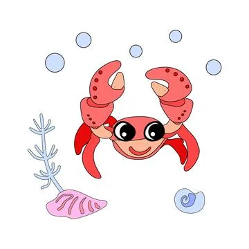 Crab with shells, bubbles and algae in the ocean. For posters, prints on cl.. Illustrazione stock