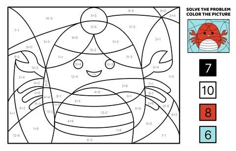 Crab. Solve the problem, color the picture. Addition, Subtraction Coloring book Stock Illustration