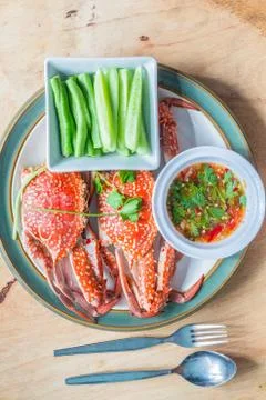 Crab steamed on the table Stock Photos
