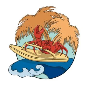 Crab surfer with flip-flops on a wave. Vector illustration on white. Stock Illustration