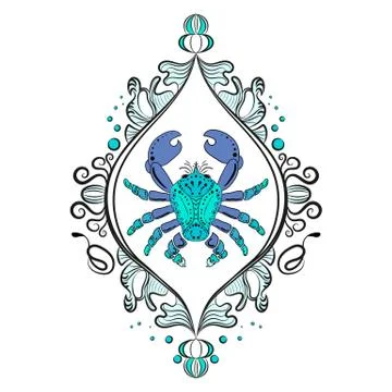 Crab. Vector image on a white background. Blue color. Beautiful frame. Modern Stock Illustration