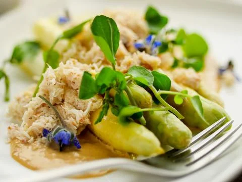 Crab with white asparagus and brown crab meat mayo salad Stock Photos
