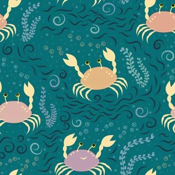 Crabs and Algae. Vector seamless pattern. Sea creature in cartoon design. Water Stock Illustration