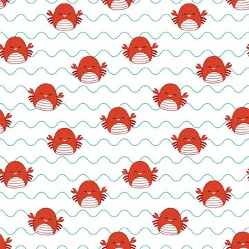Crabs and waves on seamless pattern. Squishmallow. Background with crabs. Kawaii Illustrazione stock