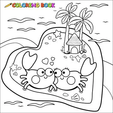 Crabs walking on the beach. Vector black and white coloring page. Stock Illustration
