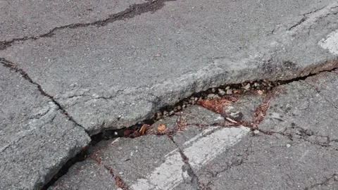 Crack with deep faults on the road next to the white road markings Stock Footage 246437703
